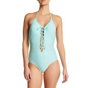 Retro Aqua Halter Neck Swimsuit Juniors Size M